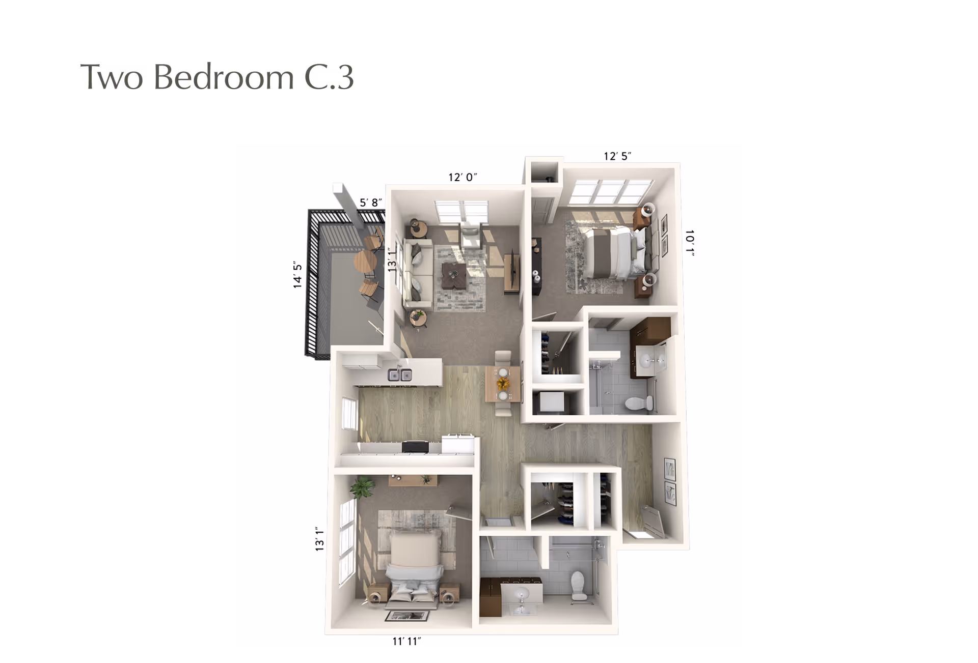 3D floor plan of a two-bedroom apartment labeled Two Bedroom C.3, showing dimensions for each room. The layout includes two bedrooms, two bathrooms, a kitchen, a living room, a dining area, and a balcony with outdoor seating.