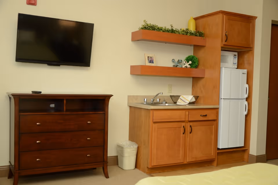 Studio room with a wall-mounted TV, wooden dresser, a small kitchenette with sink and mini-fridge, and decorative shelves.
