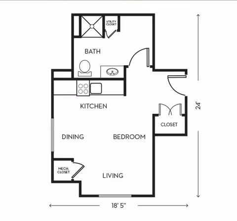 Architectural floor plan of a small apartment unit showing labeled areas including bath, kitchen, dining, bedroom, living, utility closet, closet, and mechanical closet with dimensions 18 feet 5 inches by 24 feet.