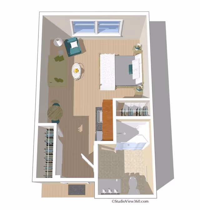 Top-down view of a senior living facility studio apartment layout featuring a bedroom area with a bed and nightstands, a living area with a sofa, armchair, coffee table, and side table, a small dining table with two chairs, a kitchenette with a sink and countertop, a closet, and a bathroom with a toilet, sink, and shower.