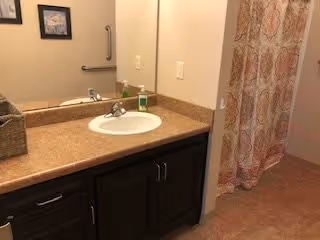 Bathroom with a single sink vanity featuring a brown countertop and dark wood cabinets. A large mirror is mounted above the sink, and a framed picture hangs on the wall. To the right, there is a shower with a patterned shower curtain.
