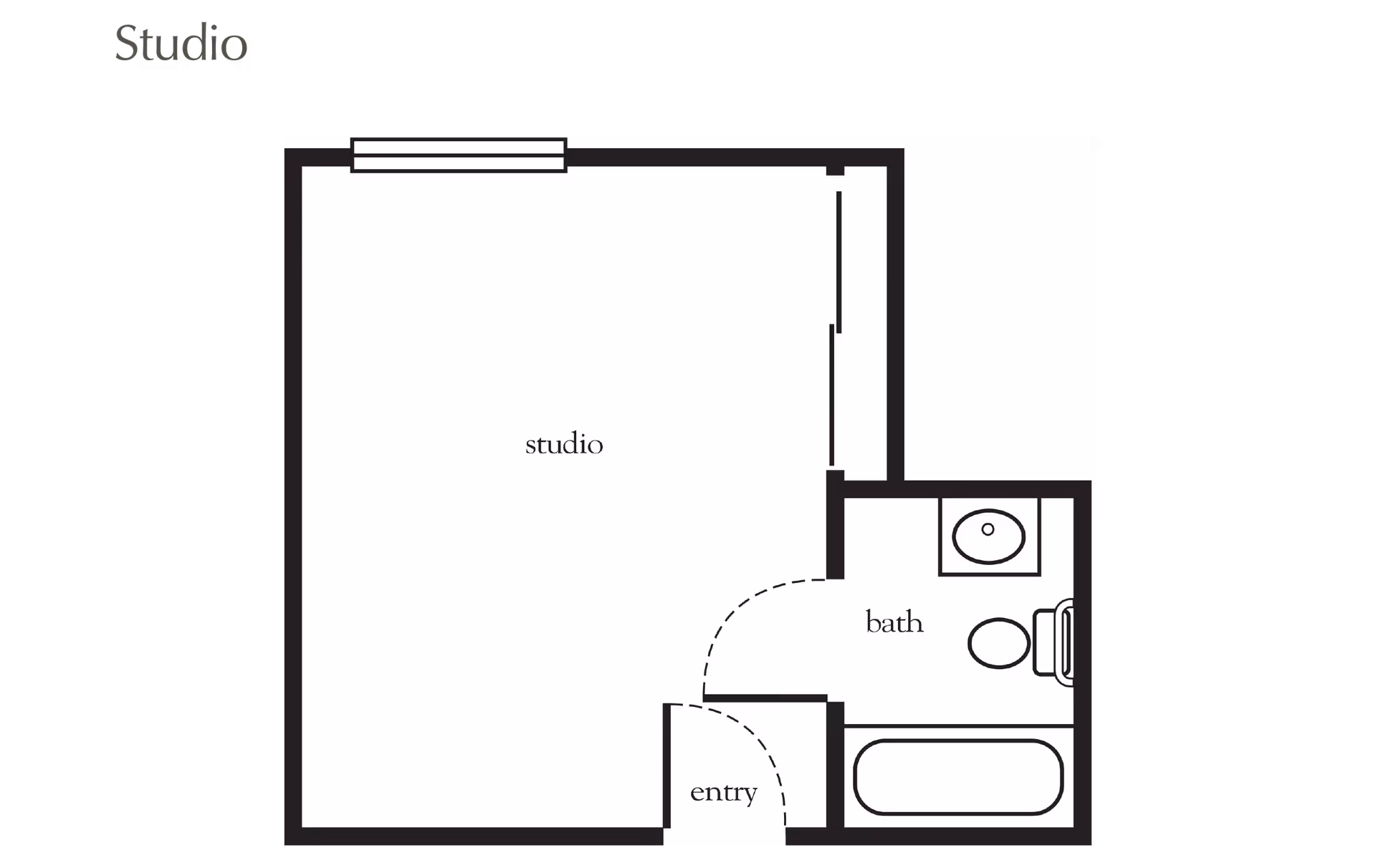 Black-and-white floor plan of a studio apartment showing a main studio room, entry, and a bathroom with tub, toilet, and sink.