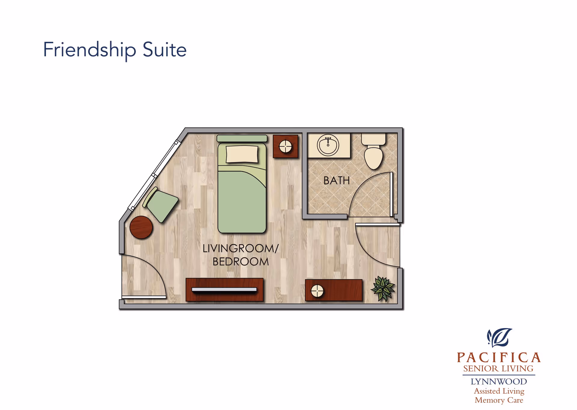 Illustrated floor plan titled "Friendship Suite" showing a studio livingroom/bedroom with furniture and an attached bathroom.