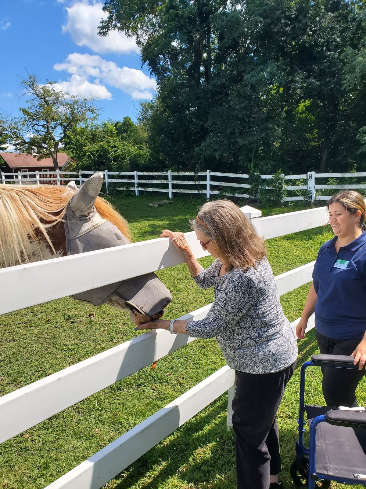 An elderly woman feeding a horse over a white wooden fence while a caregiver stands nearby smiling, holding a walker. The scene is outdoors with green grass, trees, and a blue sky with some clouds.