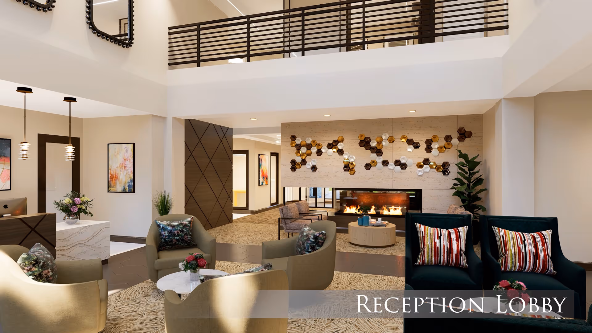 Reception lobby of CopperWood Senior Living at Prairie Trail featuring a seating area with armchairs and a coffee table, a modern fireplace with decorative wall art above it, a reception desk with flowers, and a second-floor balcony with railing.