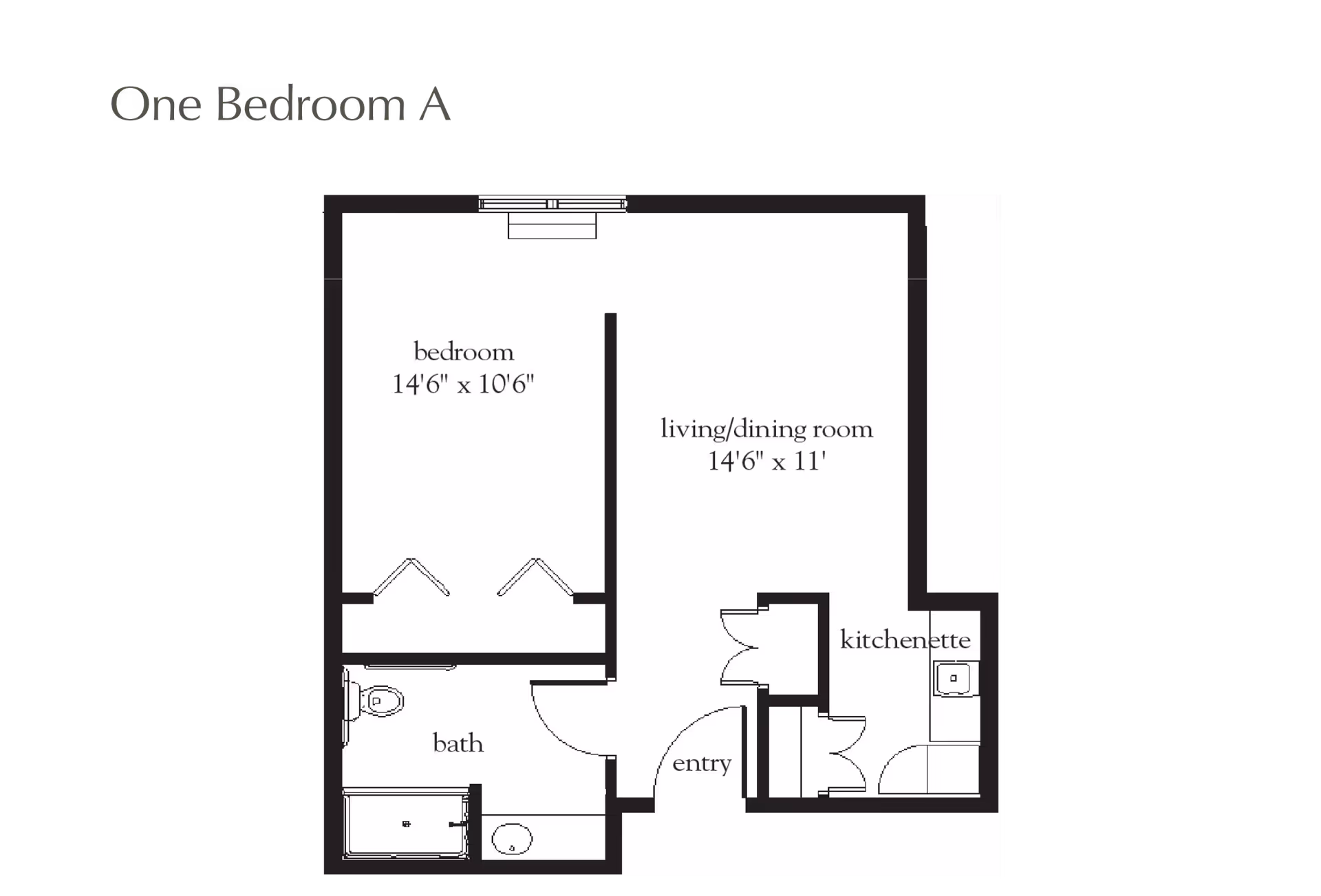 Floor plan labeled One Bedroom A showing a bedroom measuring 14 feet 6 inches by 10 feet 6 inches, a living/dining room measuring 14 feet 6 inches by 11 feet, a bath, an entry, and a kitchenette.