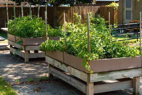 Two raised garden beds filled with green plants and herbs outdoors, with a wooden fence and trees in the background.
