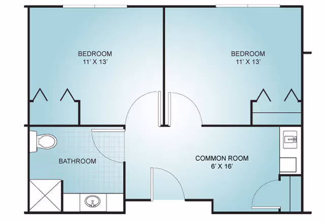 Floor plan of a senior living unit at Home Place of New Bern showing two bedrooms each measuring 11 by 13 feet, a bathroom with a toilet, shower, and sink, and a common room measuring 6 by 16 feet with a sink area.