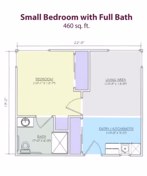 Floor plan of a small bedroom with full bath measuring 460 square feet. The layout includes a bedroom (10 feet 1 inch by 12 feet 7 inches), a living area (10 feet 3 inches by 13 feet 9 inches), a bath (7 feet by 6 feet 3 inches) with a toilet, sink, and shower, and an entry/kitchenette area (10 feet 3 inches by 5 feet 5 inches) with a sink and small appliances.