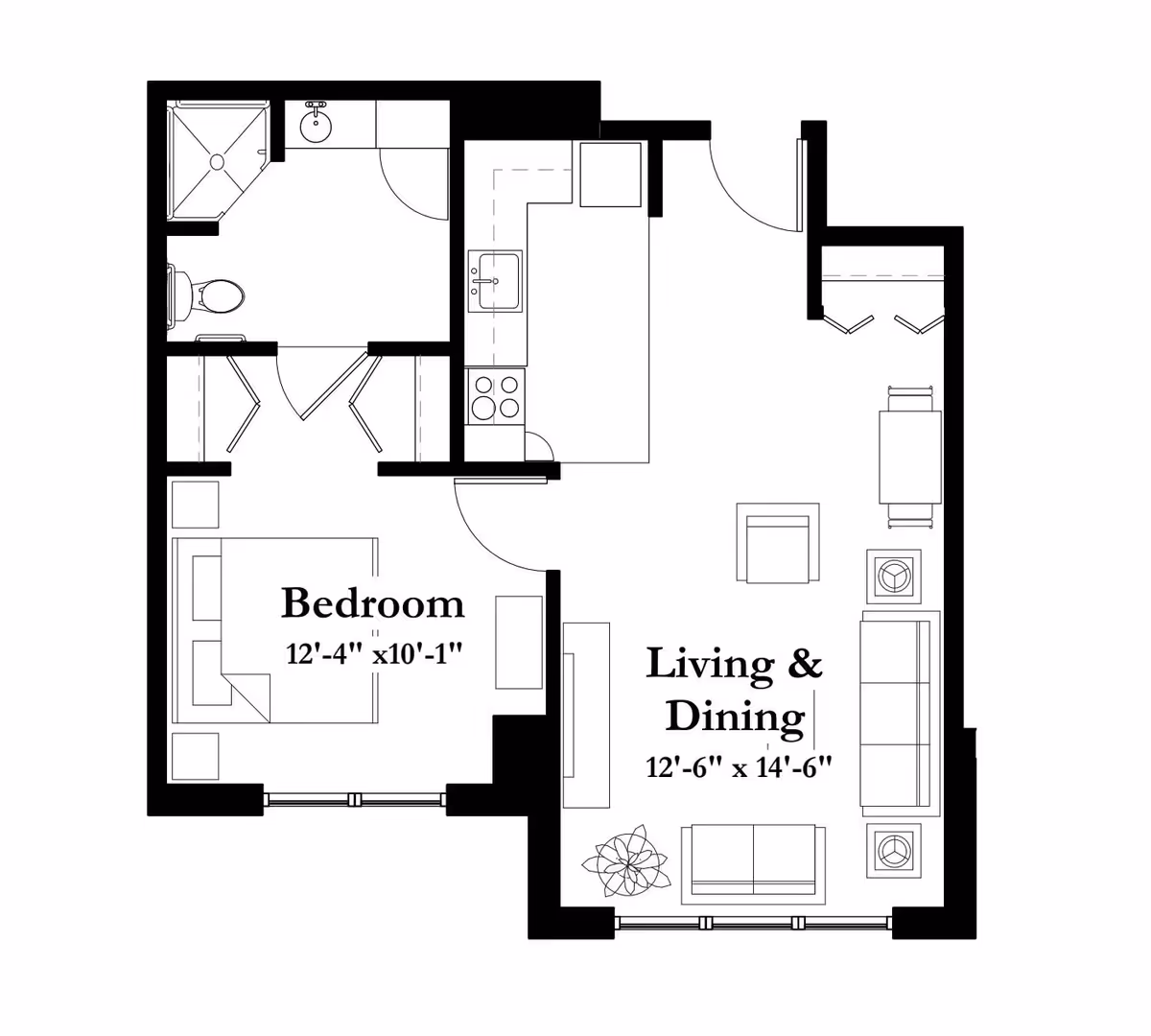 Architectural floor plan of a senior living unit at Summit Place Senior Campus showing a bedroom measuring 12 feet 4 inches by 10 feet 1 inch, a combined living and dining area measuring 12 feet 6 inches by 14 feet 6 inches, a kitchen, and a bathroom with a shower, sink, and toilet.
