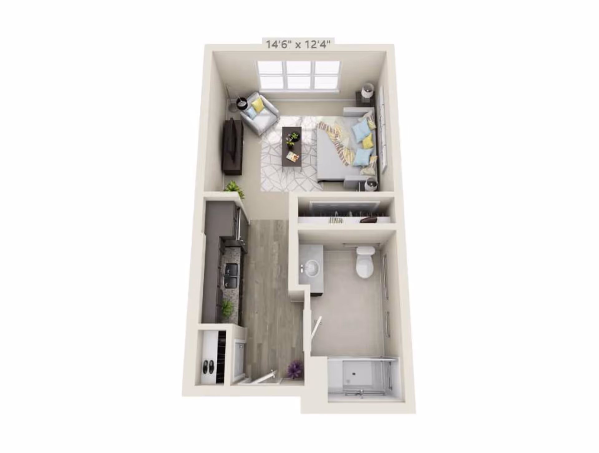 3D floor plan of a studio apartment showing a combined living/bedroom, kitchenette, and separate bathroom.