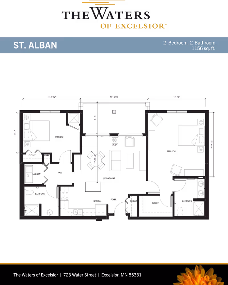 Floor plan diagram labeled 'ST. ALBAN' for The Waters of Excelsior showing a two-bedroom, two-bathroom 1156 sq. ft. layout on a black background.