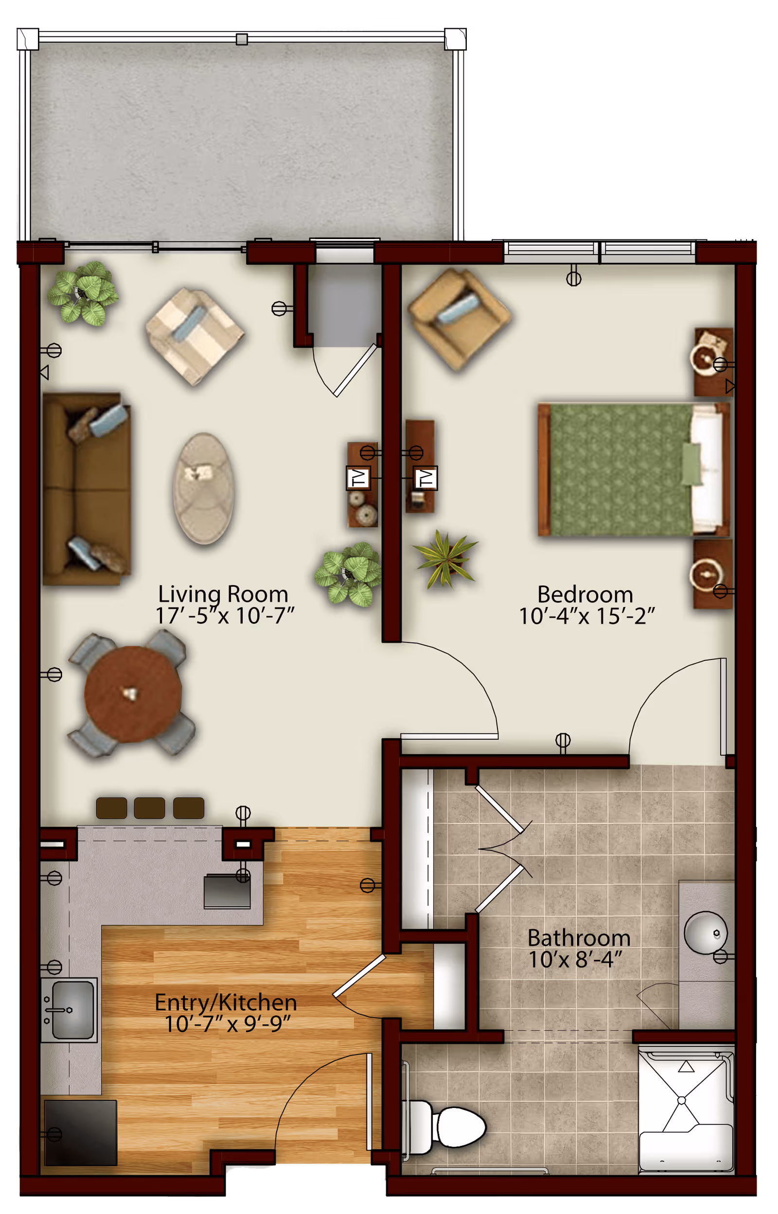 Floor plan of a senior living apartment at Harmony at Morgantown showing a living room with sofa, armchair, coffee table, and dining table; a bedroom with a bed, armchair, and nightstands; an entry/kitchen area with sink, stove, and refrigerator; and a bathroom with toilet, sink, and shower.