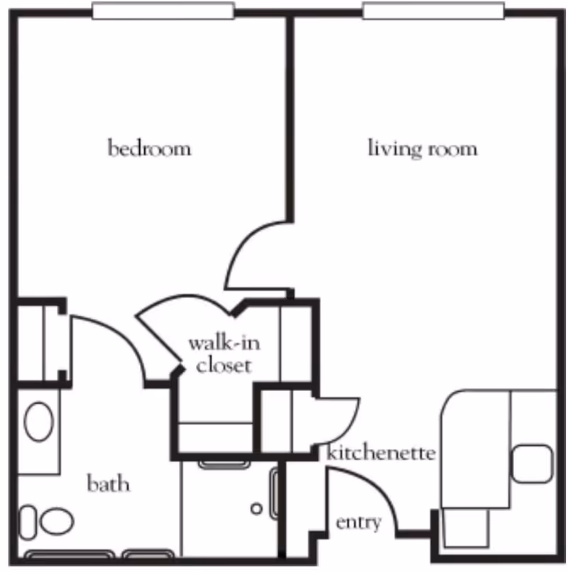 Floor plan layout of a senior living unit at Atria Grass Valley showing a bedroom, living room, bath, walk-in closet, kitchenette, and entry area.