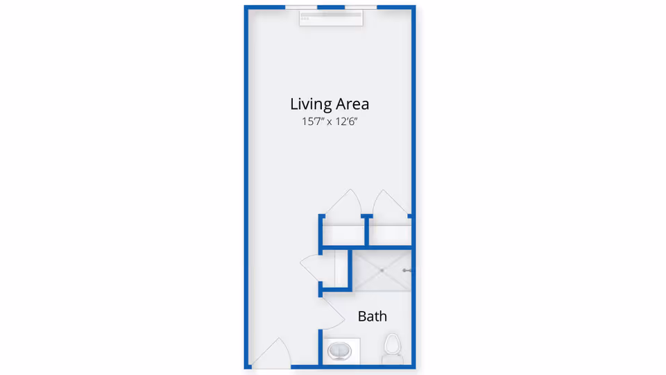 Floor plan of a living area and bathroom. The living area measures 15 feet 7 inches by 12 feet 6 inches. The bathroom includes a sink, toilet, and shower area.