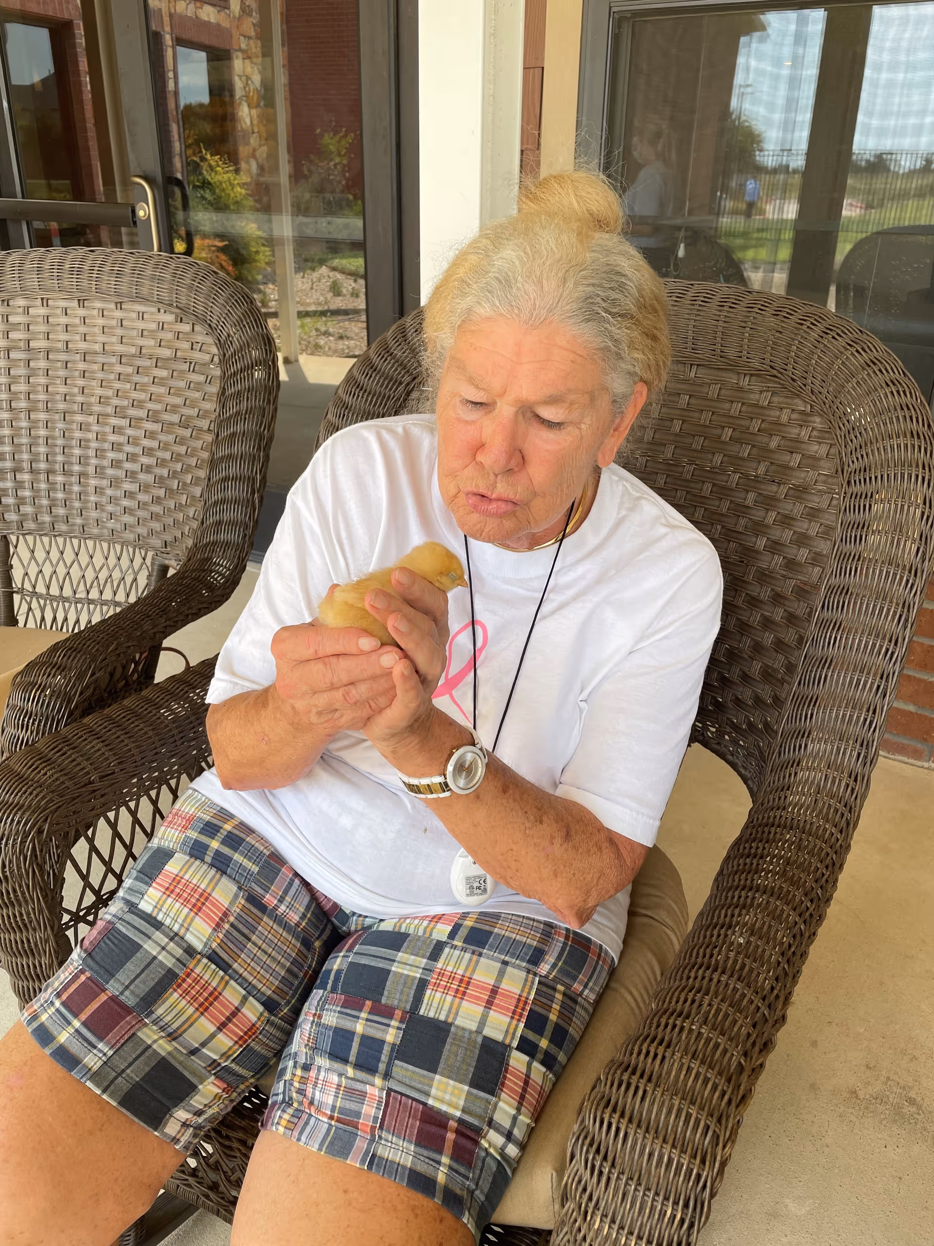 An elderly woman with light hair tied back is sitting on a wicker chair on a covered patio. She is wearing a white t-shirt and plaid shorts, and is gently holding and looking at a small yellow chick in her hands.