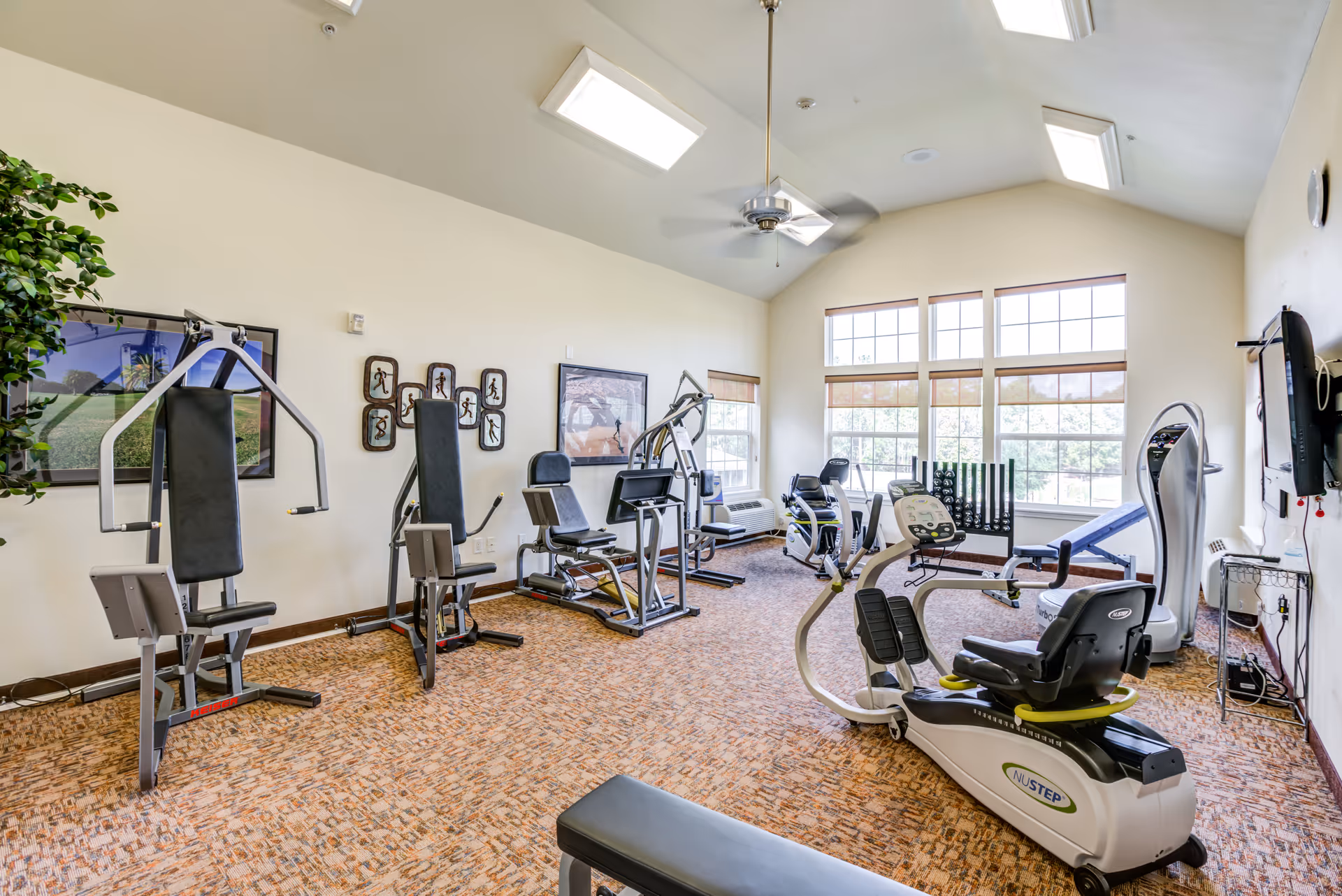 A bright and spacious fitness room with various exercise equipment including weight machines, a recumbent bike, and a vibration plate. The room has large windows letting in natural light, a ceiling fan, and framed pictures on the walls. The floor is carpeted with a patterned design.