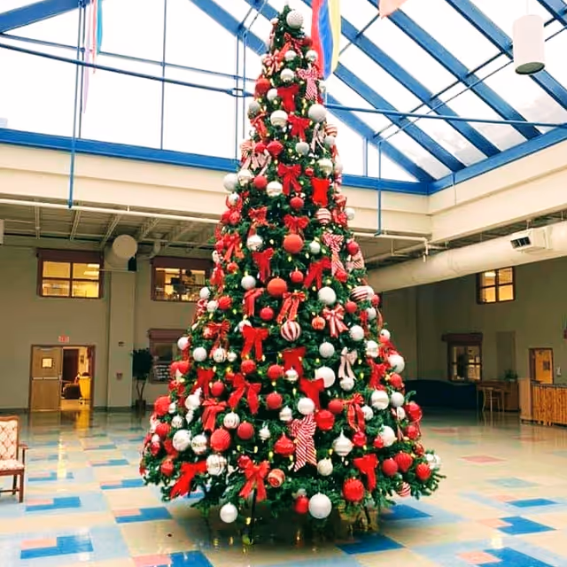 A large, decorated Christmas tree stands in the center of a spacious indoor area with a high glass ceiling. The tree is adorned with red bows, red and white ornaments, and lights. The surrounding area has a tiled floor with blue and beige squares, and there are windows and doors visible in the background.