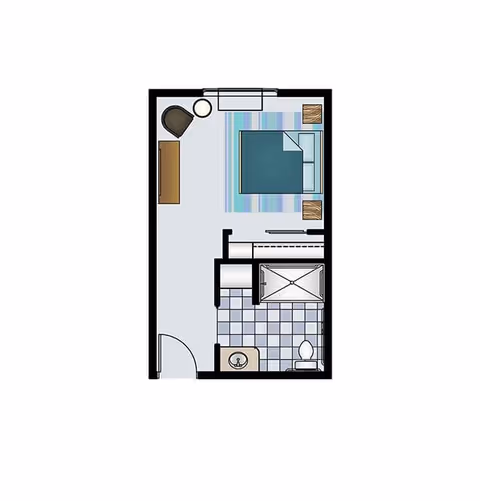 Floor plan of a small living space featuring a bedroom area with a bed, two nightstands, a chair, a small round table, and a dresser. Adjacent to the bedroom is a bathroom with a toilet, sink, and shower. The entrance door is located near the bathroom.