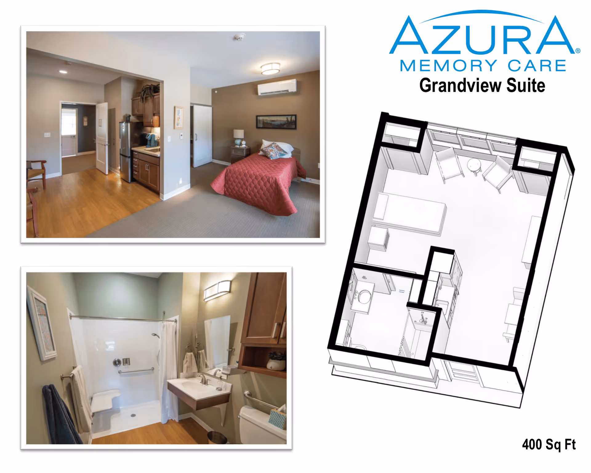 A collage showing the interior of a memory care suite. The top left image displays a bedroom with a single bed covered in a red quilt, a nightstand with a lamp, and a kitchenette area with wooden cabinets and a refrigerator. The bottom left image shows a bathroom with a walk-in shower, a sink with a mirror, and a toilet. On the right side, there is a black and white 3D floor plan of the suite labeled 'Grandview Suite' with an area of 400 square feet.