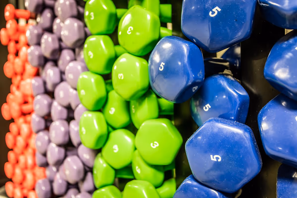 Close-up view of colorful hexagonal dumbbells arranged on a rack, with weights in red, purple, green, and blue colors labeled with numbers indicating their weight.