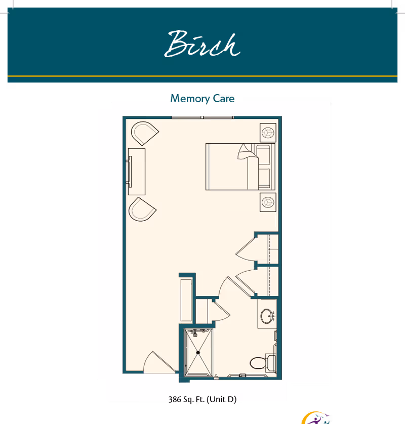 Floor plan labeled 'Birch' for a memory care studio showing a bed, seating area, entry, closet, and a bathroom with shower and toilet.