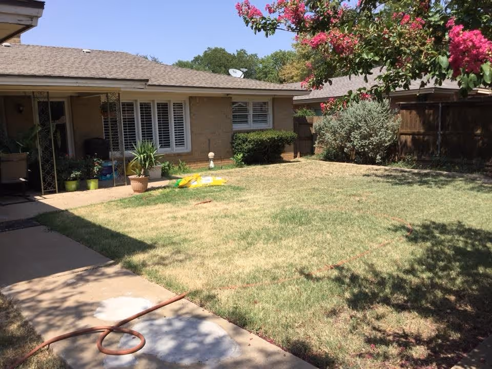 A backyard area of a single-story house with a lawn, some potted plants near the house, a garden hose on the concrete pathway, and a tree with pink flowers on the right side. The house has beige brick walls and white window shutters.