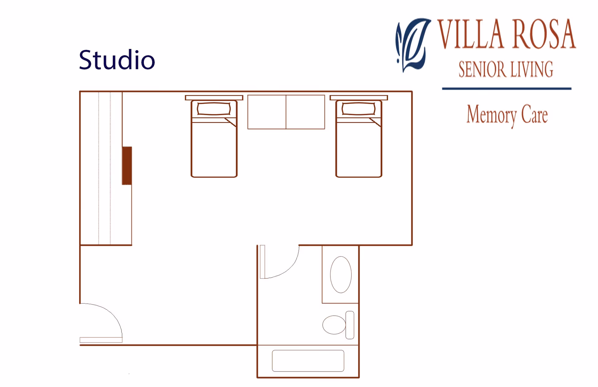 Architectural floor plan of a studio apartment in a senior living memory care facility, showing two beds, a small sofa, a closet, and a bathroom with a bathtub and toilet.