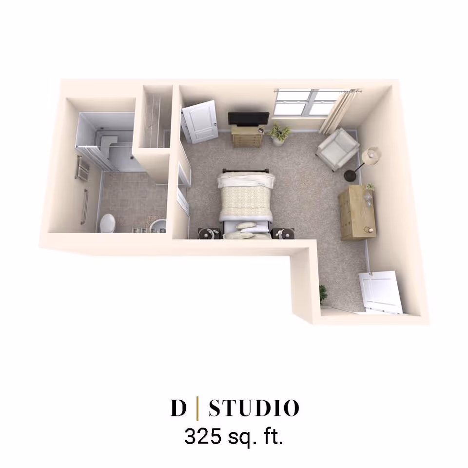 3D floor plan of a studio apartment with 325 square feet, showing a combined living and sleeping area with a bed, armchair, dresser, TV, and a small bathroom with a shower, toilet, and sink.