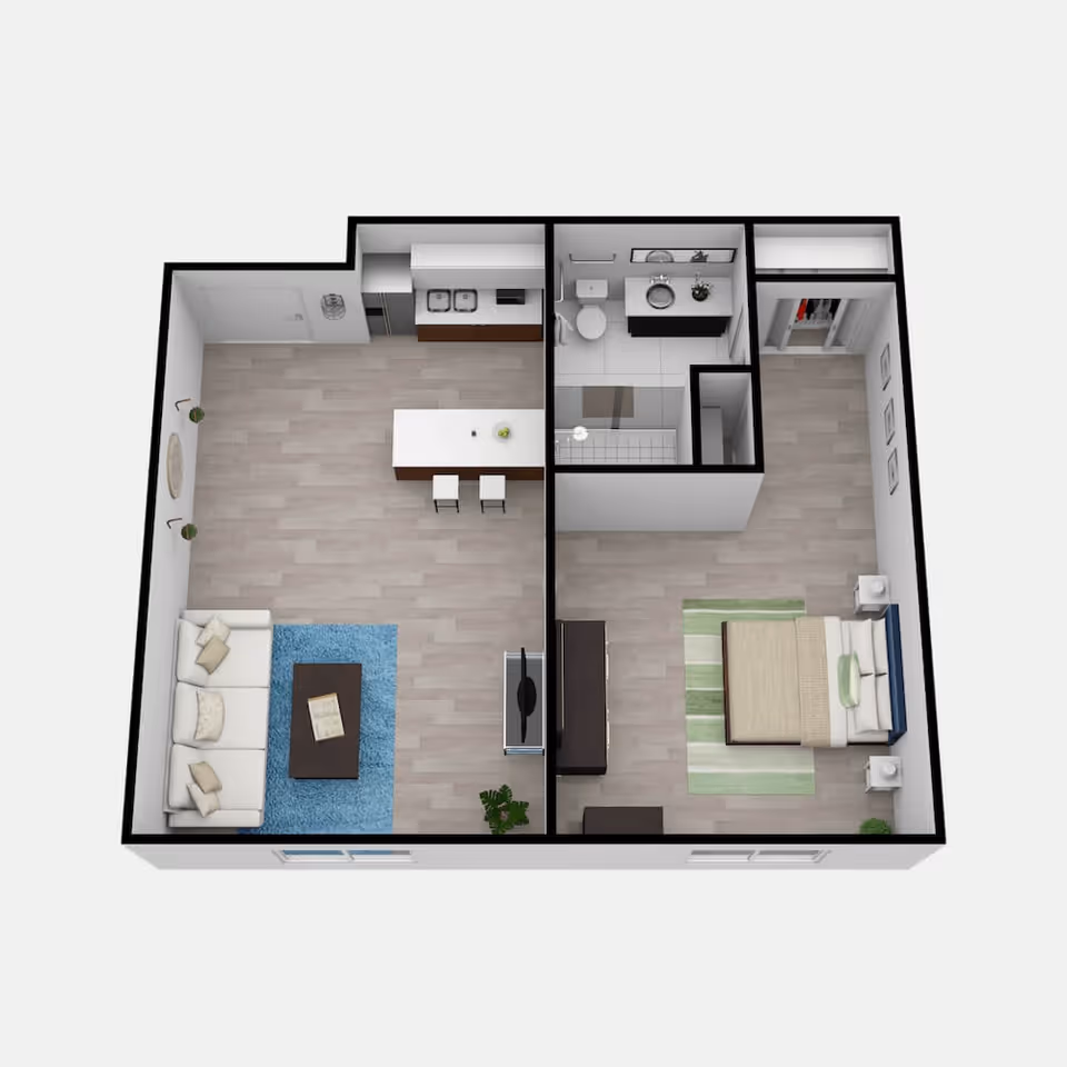 3D floor plan of a one-bedroom apartment featuring a living room with a sofa, coffee table, and TV, an open kitchen with an island and two stools, a bathroom with a sink, toilet, and shower, and a bedroom with a bed, nightstands, dresser, and closet.