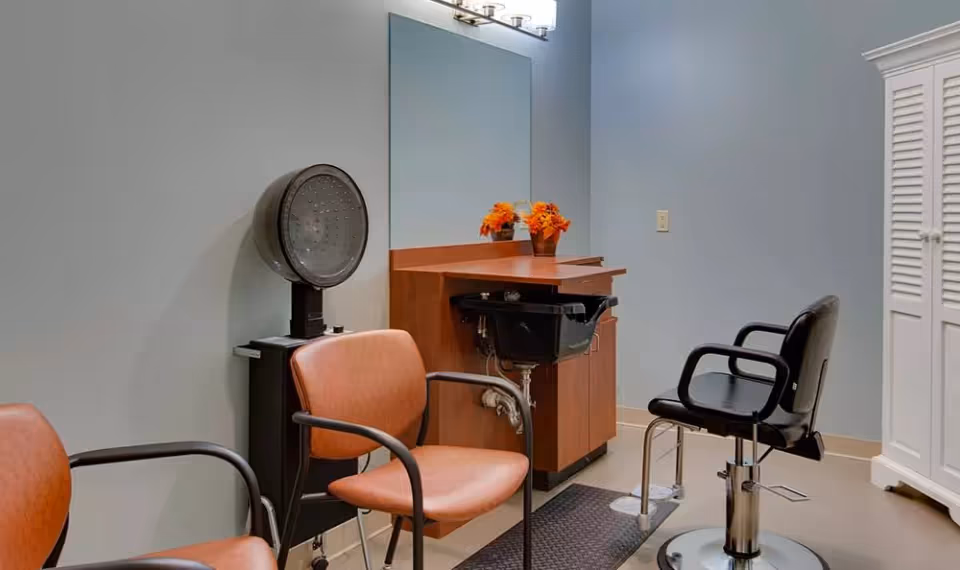 Interior of a senior living facility hair salon with two brown chairs, a black salon chair, a hair dryer, a wooden counter with a sink, a large mirror, and a small vase with orange flowers.
