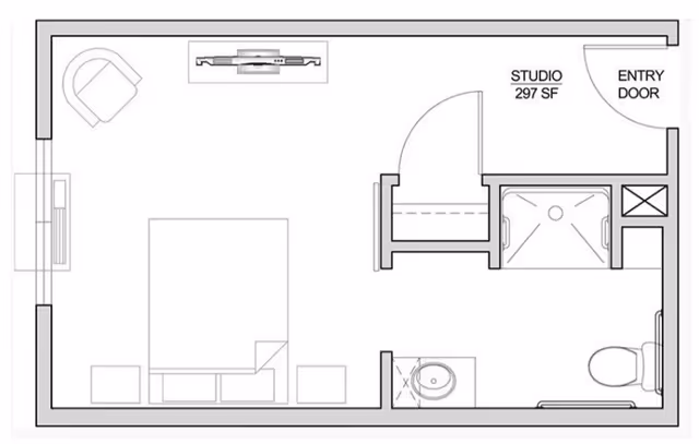 Black-and-white floor plan of a 297 sq ft studio showing an entry door, combined living/bedroom area with bed and seating, and a bathroom with shower and toilet.