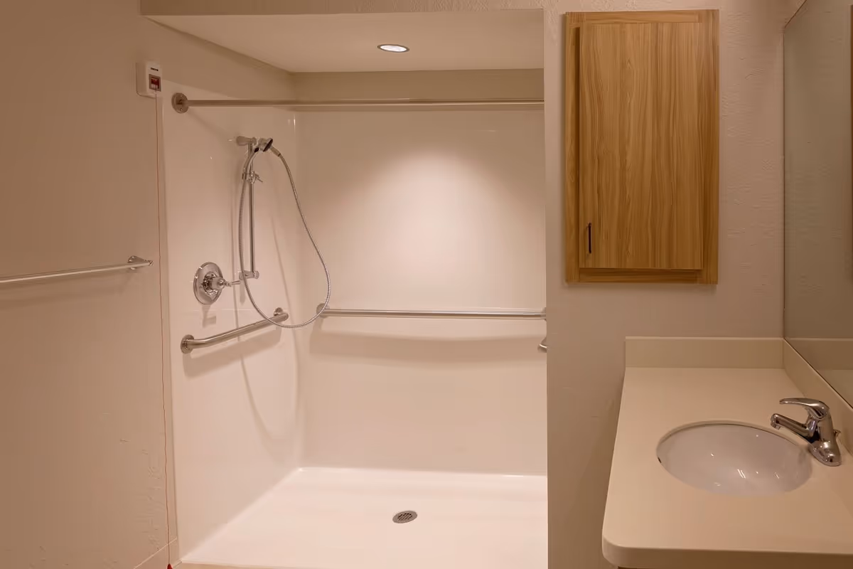An accessible bathroom featuring a walk-in shower with grab bars, a sink with a faucet, and a wooden cabinet on the wall.