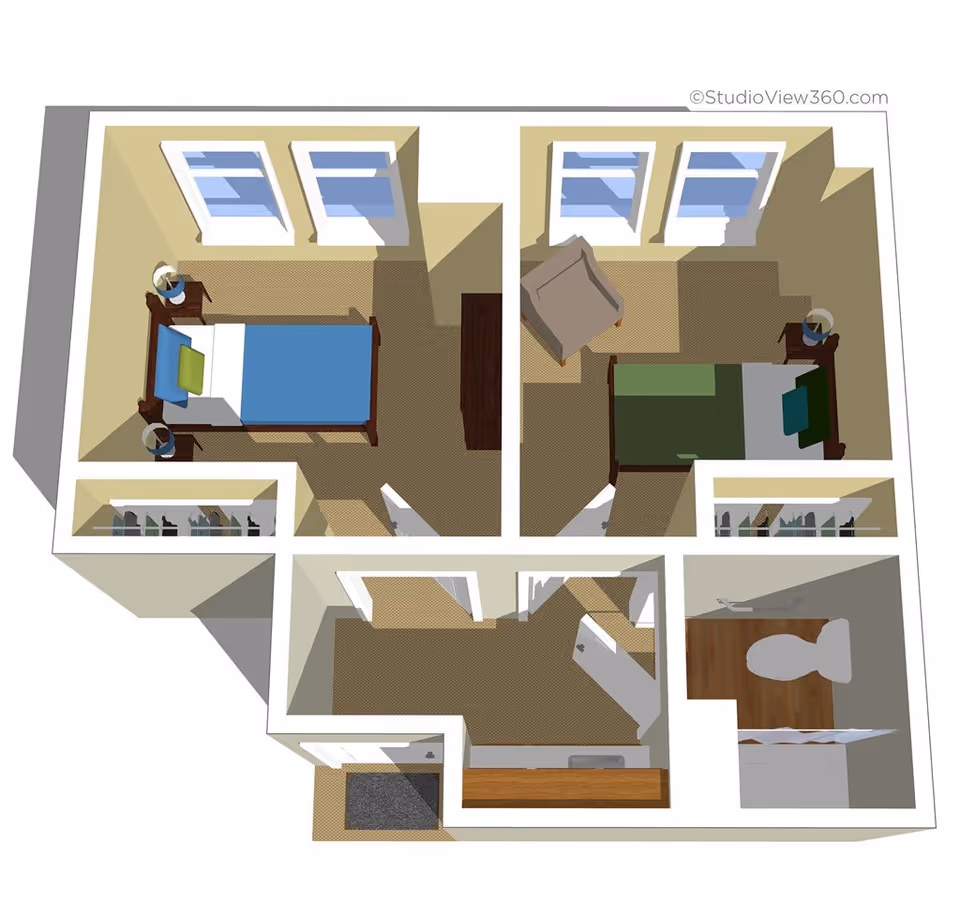 3D floor plan of a small living space with two bedrooms, a bathroom, and a hallway. Each bedroom has a bed, nightstands with lamps, and closets. One bedroom also has an armchair. The bathroom contains a toilet and a shower. The hallway connects all rooms and has a small counter or cabinet.