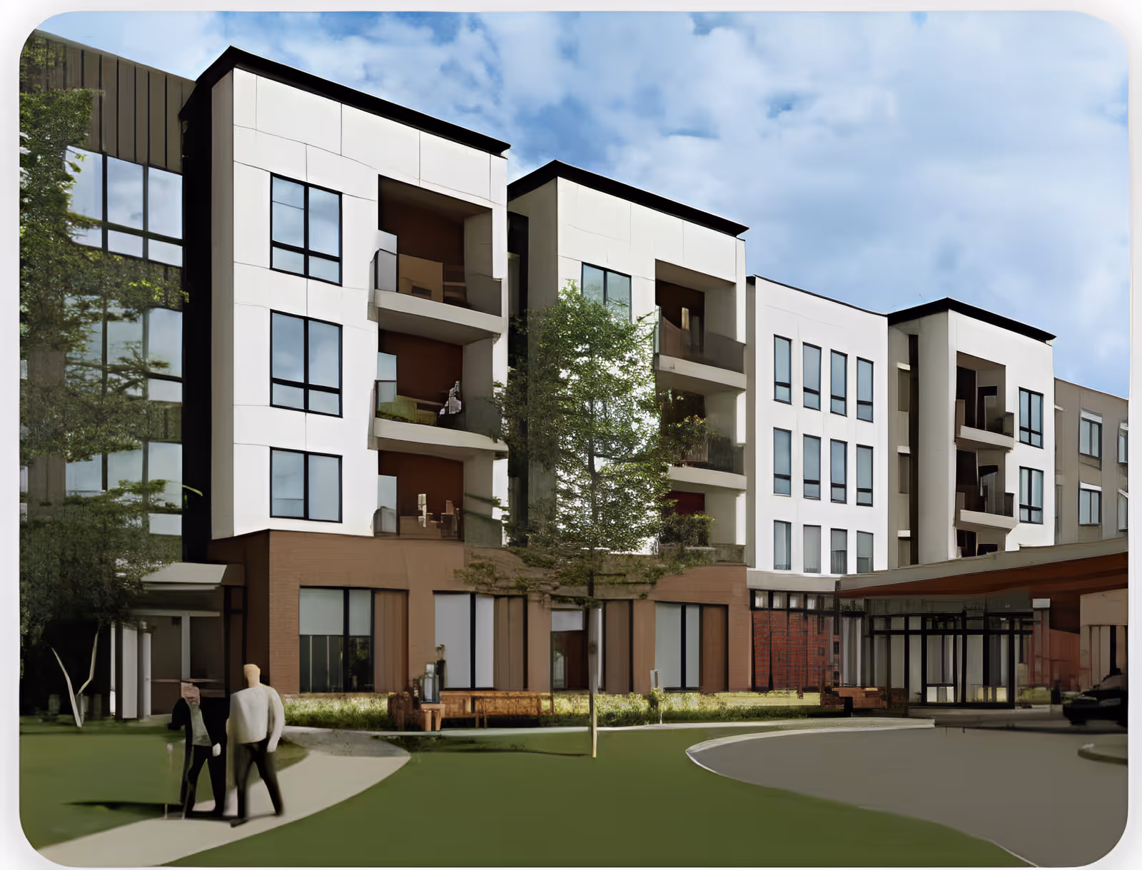 Modern four-story senior living building with balconies, a ground-level entrance, and a landscaped walkway with two people.