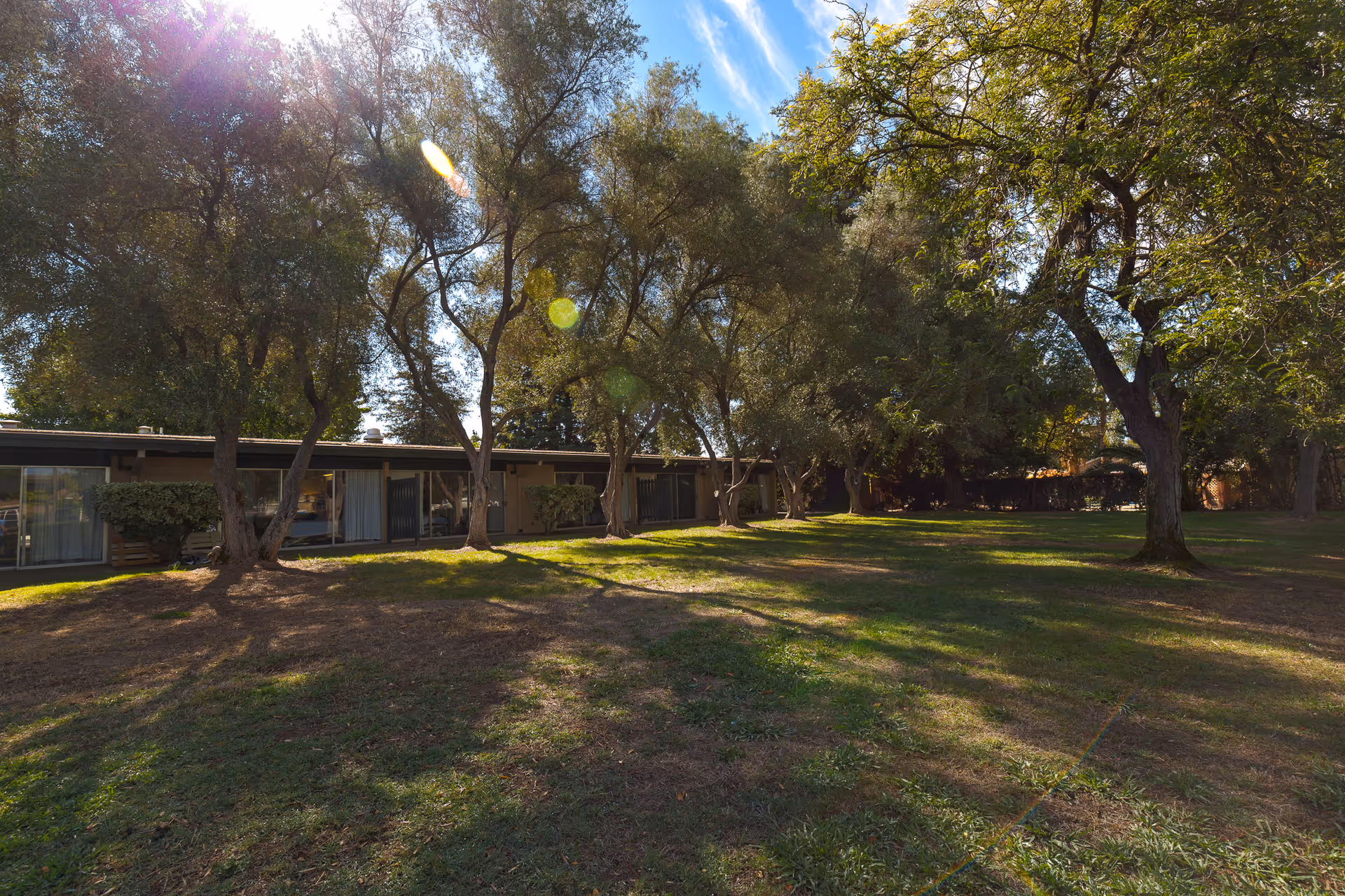 Outdoor view of a single-story building with large windows and sliding glass doors, surrounded by a grassy area and several mature trees under a partly cloudy sky.