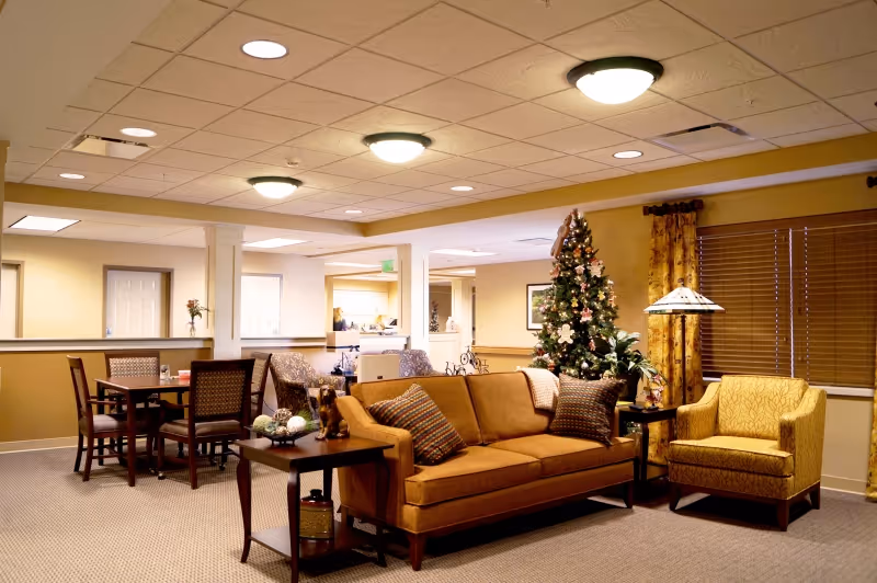 Cozy communal living area with a sofa, armchair, side tables, dining table, and a decorated Christmas tree.