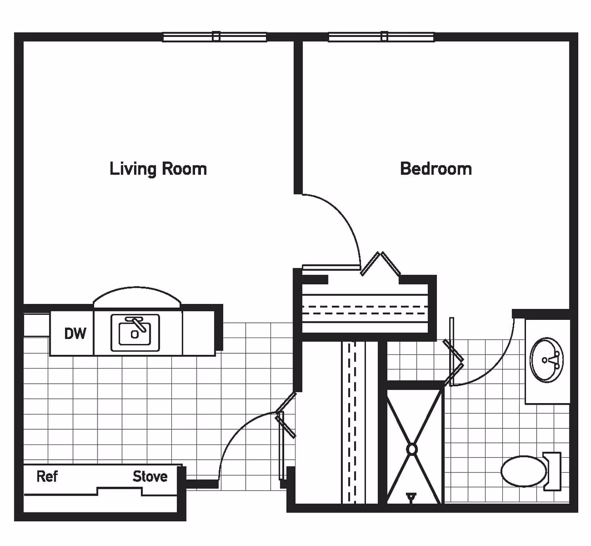 Black-and-white floor plan of a one-bedroom apartment showing a living room, bedroom, kitchen with labeled sink/DW/stove/ref, closets, and a bathroom.