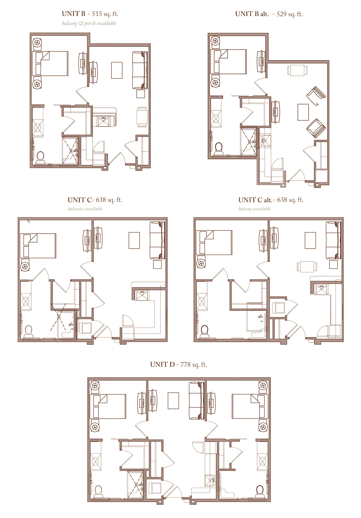 Architectural floor plans for five different apartment units at The Blake at Charlottesville, showing layouts with bedrooms, bathrooms, living areas, kitchens, and optional balconies or porches. Each unit is labeled with its name and square footage.