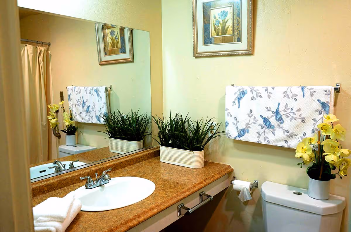 Bathroom vanity with a sink, large mirror, potted plants, towel with bird pattern, toilet and framed wall art.