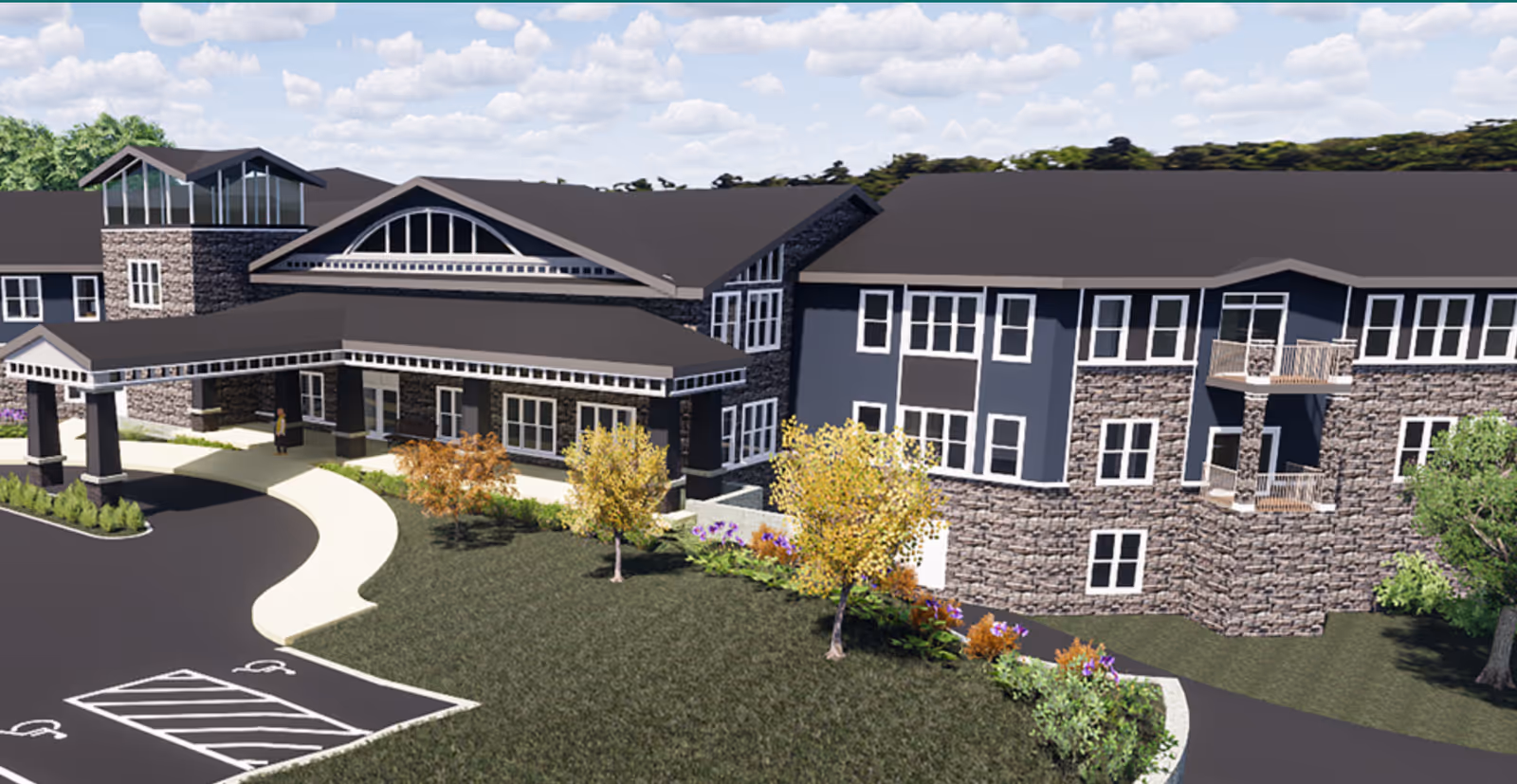 Exterior view of a modern multi-story senior living building with a covered entrance, stone and siding facade, landscaping, and a driveway.