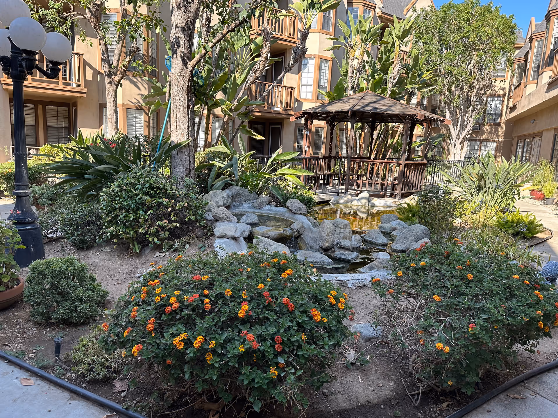 Outdoor garden area with various green plants and bushes with orange and red flowers, a small pond with rocks, and a wooden gazebo in the background. Surrounding the garden are multi-story residential buildings with balconies and windows. A black lamp post with white globes is visible on the left side.
