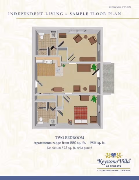 Floor plan of a two-bedroom independent living apartment at Keystone Villa at Ephrata, showing layout with two bedrooms, two bathrooms, a kitchen, living area, and a patio.