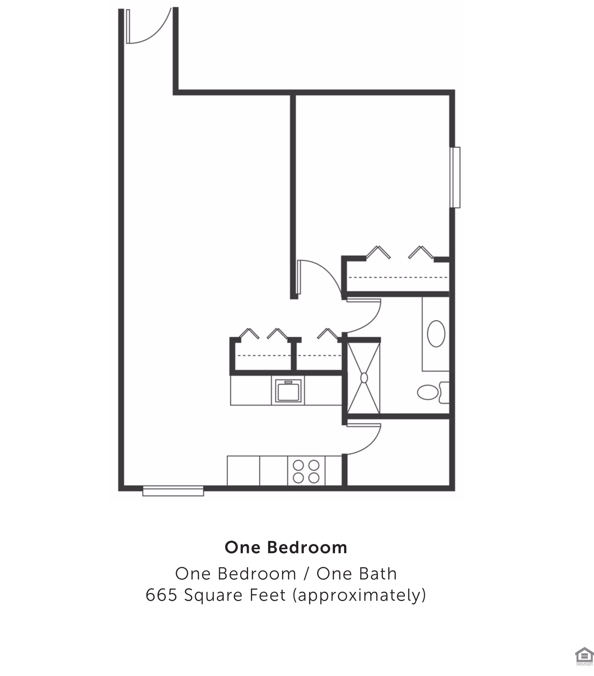 Floor plan of a one-bedroom, one-bath apartment with approximately 665 square feet. The layout includes a bedroom, bathroom, kitchen area with stove and sink, and closets.