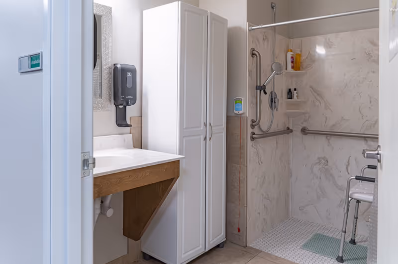 Accessible bathroom featuring a roll-in shower with grab bars and a shower chair, a vanity sink, and a tall storage cabinet.