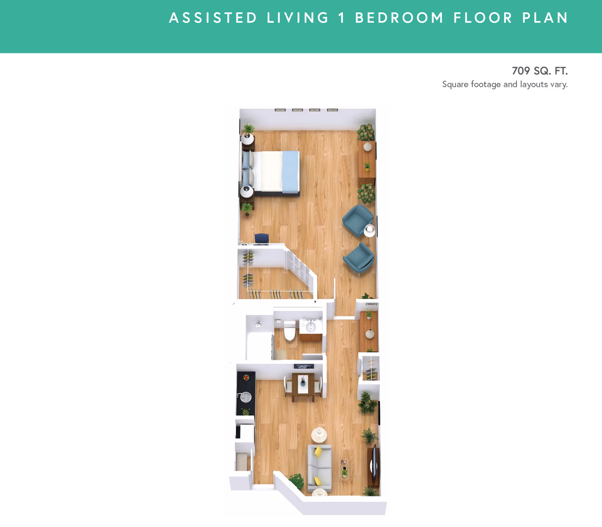 3D floor plan of an assisted living 1-bedroom apartment featuring a bedroom with a bed, two chairs, and plants; a bathroom with a toilet and sink; a dining area with a table and two chairs; a kitchen with appliances and counter space; and a living room with a sofa, coffee table, TV, and plants. The total area is 709 square feet.