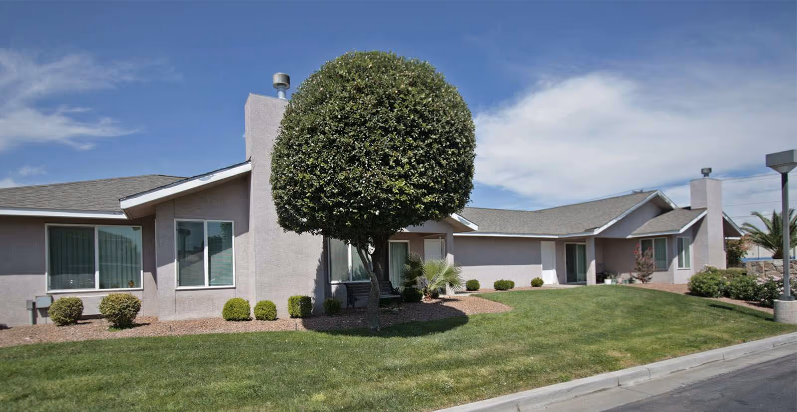 Single-story light-gray senior living building with a manicured lawn and a large round-trimmed tree in front under a blue sky.