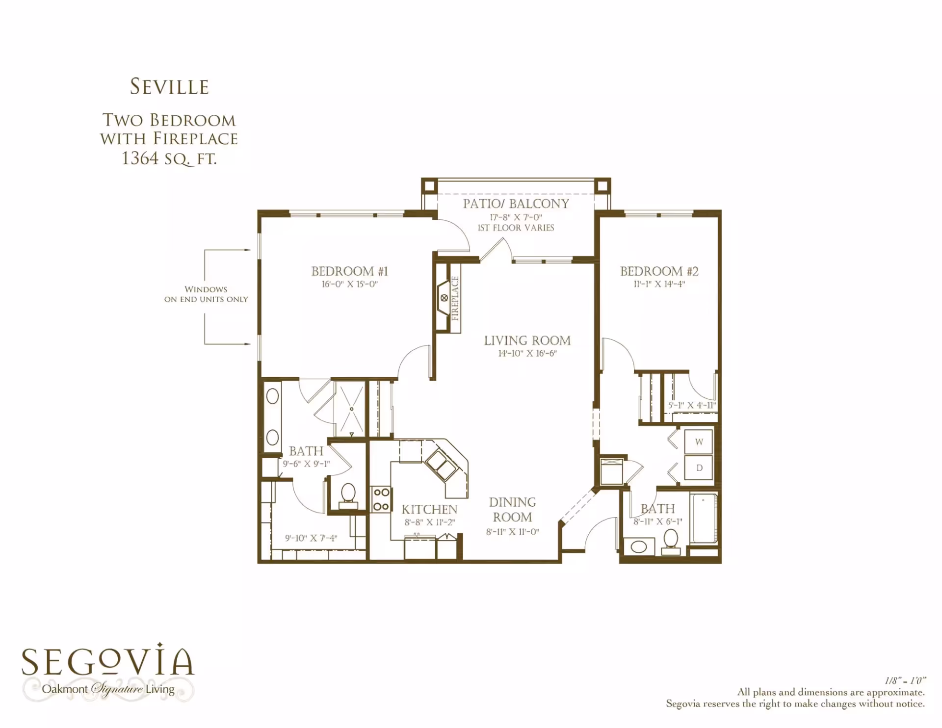 Floor plan titled 'Seville' of a two-bedroom, two-bath apartment (1364 sq. ft.) showing living room, kitchen, dining room, patio/balcony and fireplace.