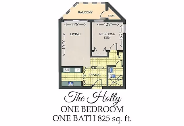 Floor plan of The Holly, a one bedroom, one bath apartment with 825 square feet. It includes a living room, bedroom/den, dining area, kitchen, bathroom, balcony, and storage space.