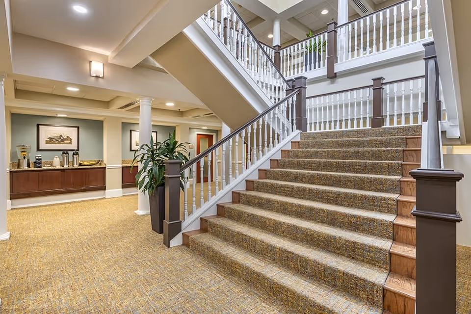 Interior view of a senior living facility showing a carpeted staircase with white and dark brown railings. The area is well-lit with recessed ceiling lights and wall sconces. There is a large potted plant near the base of the stairs and a counter area with coffee and snacks along the back wall. The walls are painted in neutral tones with framed artwork.